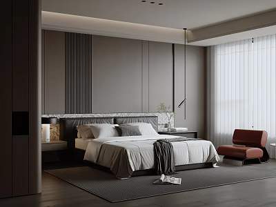 Elegant Modern Bedroom Double Bed With Gray Tone Wooden Floor Window Single Sofa Nightstand Lamp 3d model