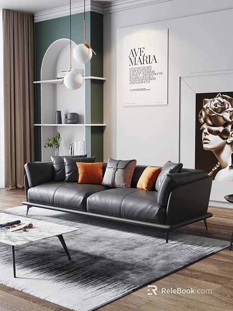 Black Leather Two Seater Sofa With Orange And Gray Cushions In Modern Living Room 3d model 