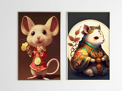 Cartoon Mouse In Red Outfit With Gold Coins Fortune Character And Cat In Ornate Clothing 3d model