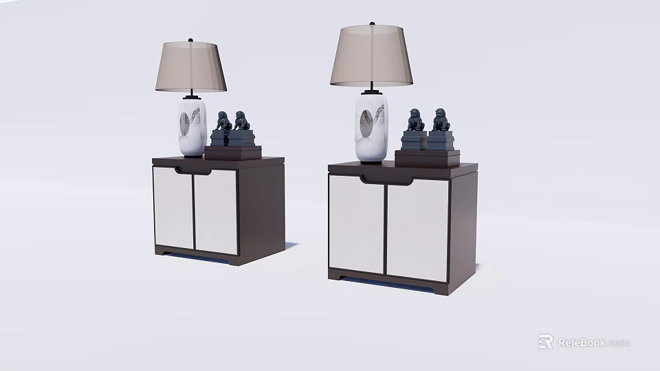 Modern Bedside Table with Table Lamp Decorative Figurines and White Doors 3d model
