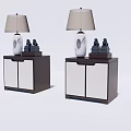 Modern Bedside Table with Table Lamp Decorative Figurines and White Doors 3d model