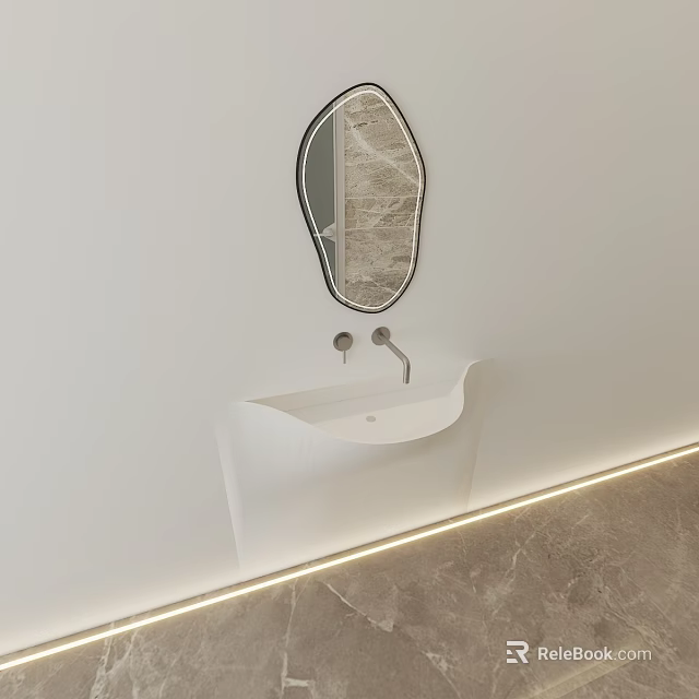 Modern White Washbasin With Oval Black Frame Mirror And LED Strip Lighting 3d model 