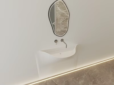 Modern White Washbasin With Oval Black Frame Mirror And LED Strip Lighting 3d model