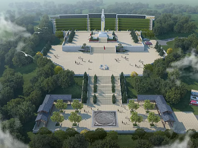 Birds Eye View Planning of Grand Plaza With Central Monument Greenery Trees And Symmetric Steps 3d model