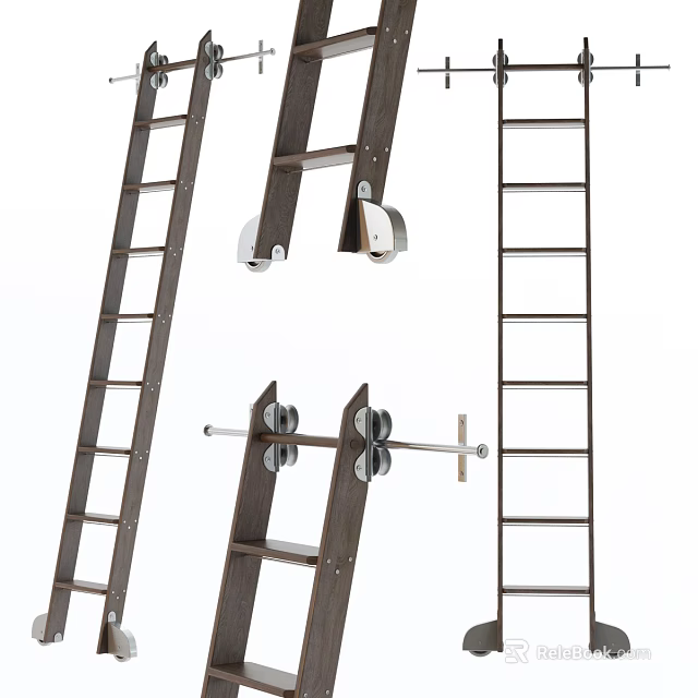 Sturdy Wooden Foldable Ladder With Wheels For Home Multipurpose Use 3d model 