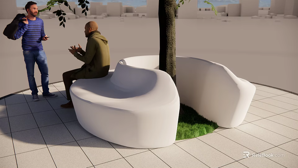 Modern White Curved Outdoor Landscape Seat Around Tree With Grass Paved Ground 3d model 
