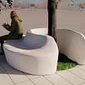 Modern White Curved Outdoor Landscape Seat Around Tree With Grass Paved Ground