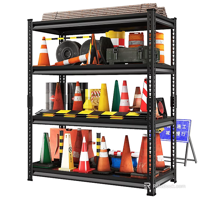Traffic Signs And Road Safety Equipment Including Cones Barriers On Storage Shelves 3d model 