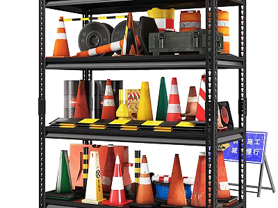 Traffic Signs And Road Safety Equipment Including Cones Barriers On Storage Shelves 3d model
