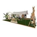 Modern Exhibition Booth Design With Wooden Frame White Canopy Green Plants And Display Area