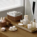 Wooden Table Organized With Laundry Daily Use Products Woven Baskets Bottles Candles And White Containers