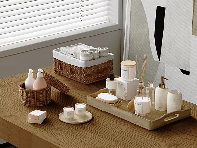Wooden Table Organized With Laundry Daily Use Products Woven Baskets Bottles Candles And White Containers 3d model