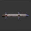 Rusty Military Missile Model with Blue Tip and Multiple Fins on Dark Background