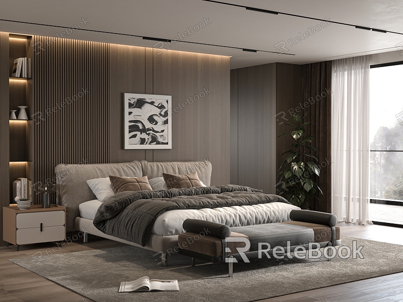 Minotti Double Bed Bedroom Bedside Background Wall Nightstand model