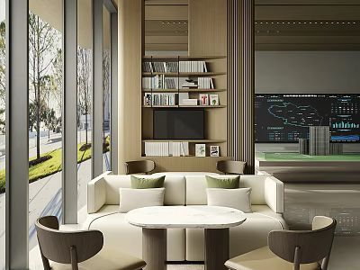Modern Lounge Area With Cream Sofa Round Coffee Table Armchairs Bookshelf And Large Windows 3d model