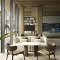 Modern Lounge Area With Cream Sofa Round Coffee Table Armchairs Bookshelf And Large Windows