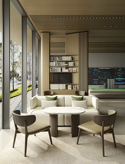 Modern Lounge Area With Cream Sofa Round Coffee Table Armchairs Bookshelf And Large Windows 3d model