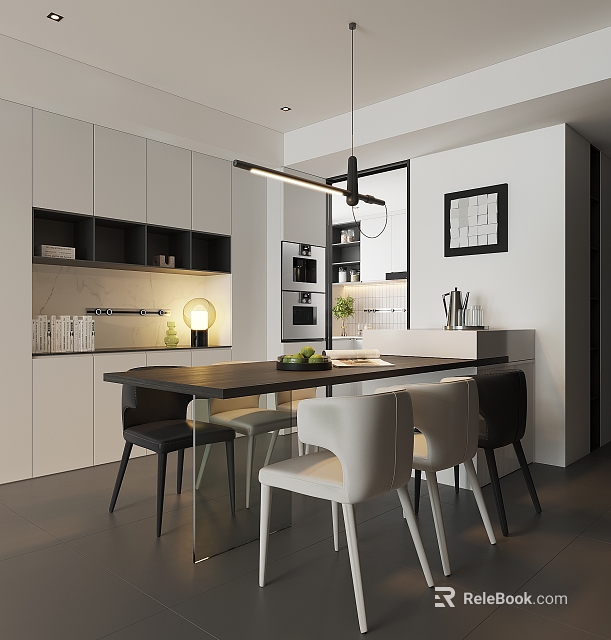 Modern Restaurant Open Kitchen With White Black Cabinets Dark Island Chairs And Pendant Light 3d model 