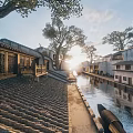 Ancient Architecture in Water Town with River Trees and Sunset View 3d model