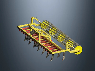 Agricultural Equipment With Yellow Frame Red Components And Metal Tines For Farm Tillage 3d model