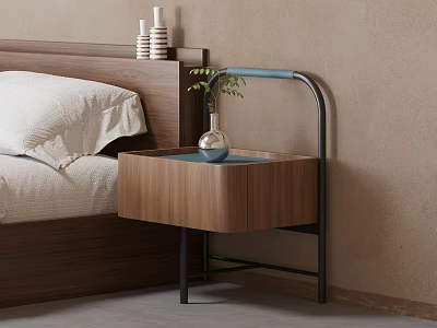 Wooden Bedside Table With Metal Frame And Vase Plant In Modern Bedroom 3d model