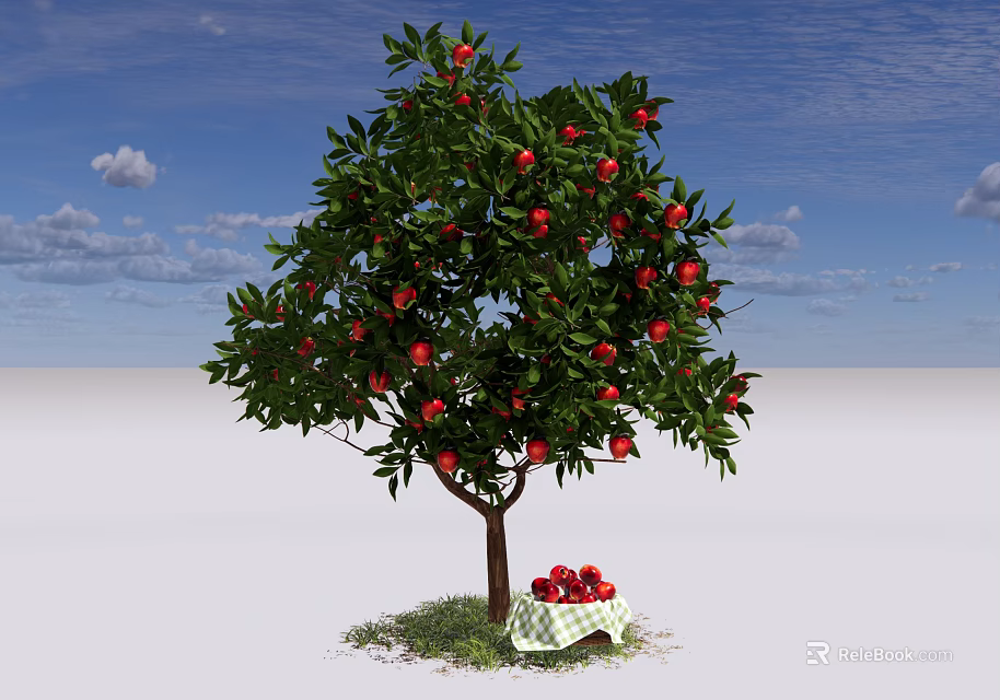 Lush Fruit Arbor Bearing Red Fruits With Basket Under Blue Sky And White Clouds 3d model 
