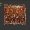 Traditional Red Four Door Carved Cabinet With Intricate Floral Designs And Brass Handles