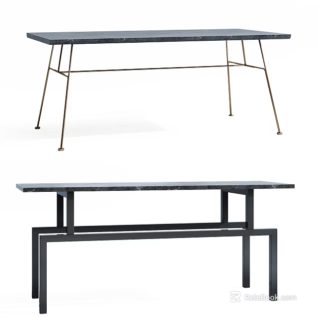 Contemporary Dining Table Featuring Black Marble Top And Slim Metal Legs Structure 3d model
