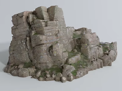Natural Garden Ornament With Layered Rock Structure And Green Vegetation 3d model