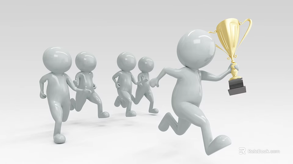 3D White Figurines Running in Race with Leading Character Holding Gold Trophy 3d model 