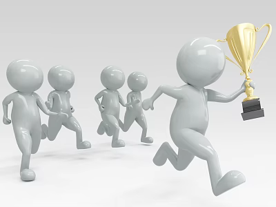 3D White Figurines Running in Race with Leading Character Holding Gold Trophy 3d model