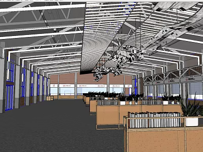 Spacious Lounge Area With Wooden Partitions Metal Roof Structure And Hanging Lights 3d model
