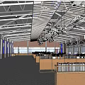 Spacious Lounge Area With Wooden Partitions Metal Roof Structure And Hanging Lights