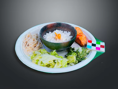 Fresh Salmon Fillet Served with Rice Noodles Lettuce on White Plate and Colorful Square 3d model