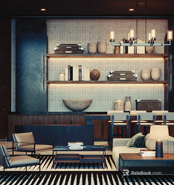 Cozy Hotel Public Lounge Area With Shelves Vases Books Fireplace And Warm Lighting 3d model 