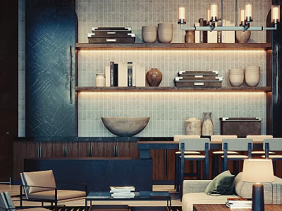 Cozy Hotel Public Lounge Area With Shelves Vases Books Fireplace And Warm Lighting 3d model