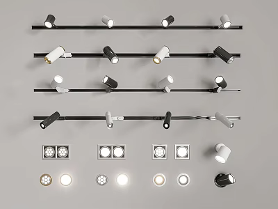 Various Downlights And Spotlights With Track Mounted Recessed Design Black White Finish Adjustable Heads 3d model