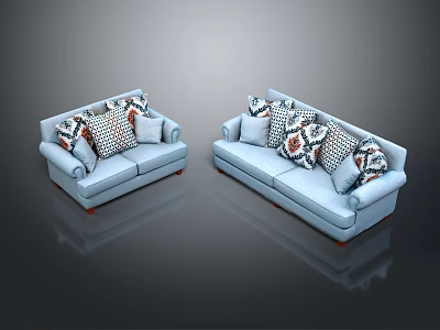 Light Blue Two Seater Sofas With Geometric Patterned Decorative Pillows Modern Style 3d model