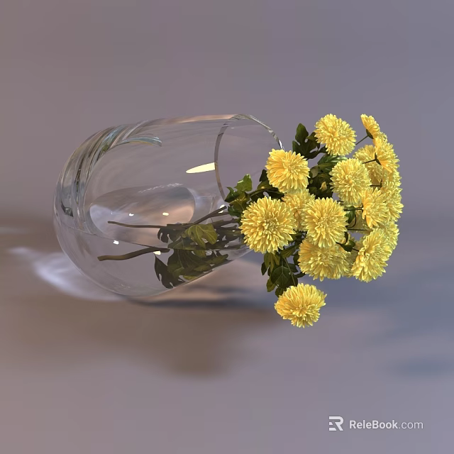 Transparent Glass Vase Lying On Ground With Yellow Chrysanthemums Branches Spilling Out And Water Inside 3d model 