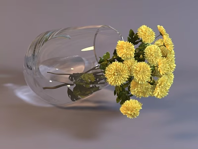 Transparent Glass Vase Lying On Ground With Yellow Chrysanthemums Branches Spilling Out And Water Inside 3d model
