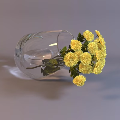 Transparent Glass Vase Lying On Ground With Yellow Chrysanthemums Branches Spilling Out And Water Inside 3d model