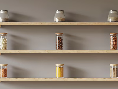 Spice Jars With Various Spices Neatly Arranged On Wooden Kitchen Shelves 3d model