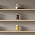 Spice Jars With Various Spices Neatly Arranged On Wooden Kitchen Shelves