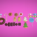 Assorted Colorful Candies and Desserts Including Donuts Gingerbread Men Lollipops and Cookies on Pink Background