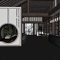 Traditional Chinese Teahouse Interior With Moon Gate Calligraphy Art Wooden Furniture And Hanging Lanterns