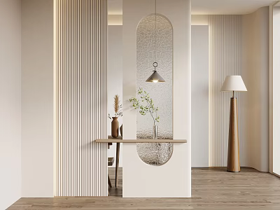 Modern Entryway Hallway Design With Archway Pendant Light Floor Lamp And Wooden Flooring Plants 3d model