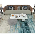 Sofa and Coffee Table Set with Decorative Pillows White Tabletop and Blue White Rug 3d model