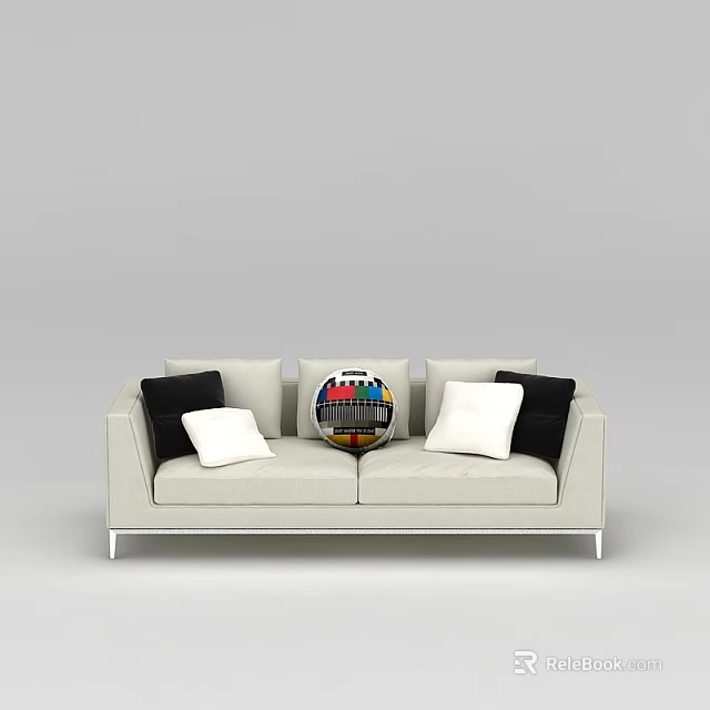 Colorful Pattern Throw Pillows On White Sofa With Black White Accents 3d model