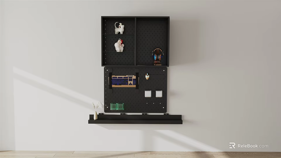 Black Wall Decor With Multi Compartments And Decorative Items On Wall Mounted Shelf 3d model