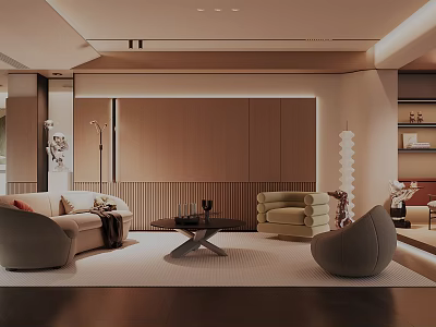 Elegant Modern Living Room Interior With Sofa Armchairs Coffee Table And Wooden Wall Lighting 3d model